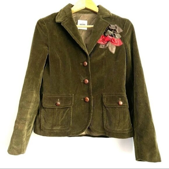 Moschino Cheap and Chic Olive Green Corduroy with Leather Bow Accent Blazer US 8 - Picture 2 of 9